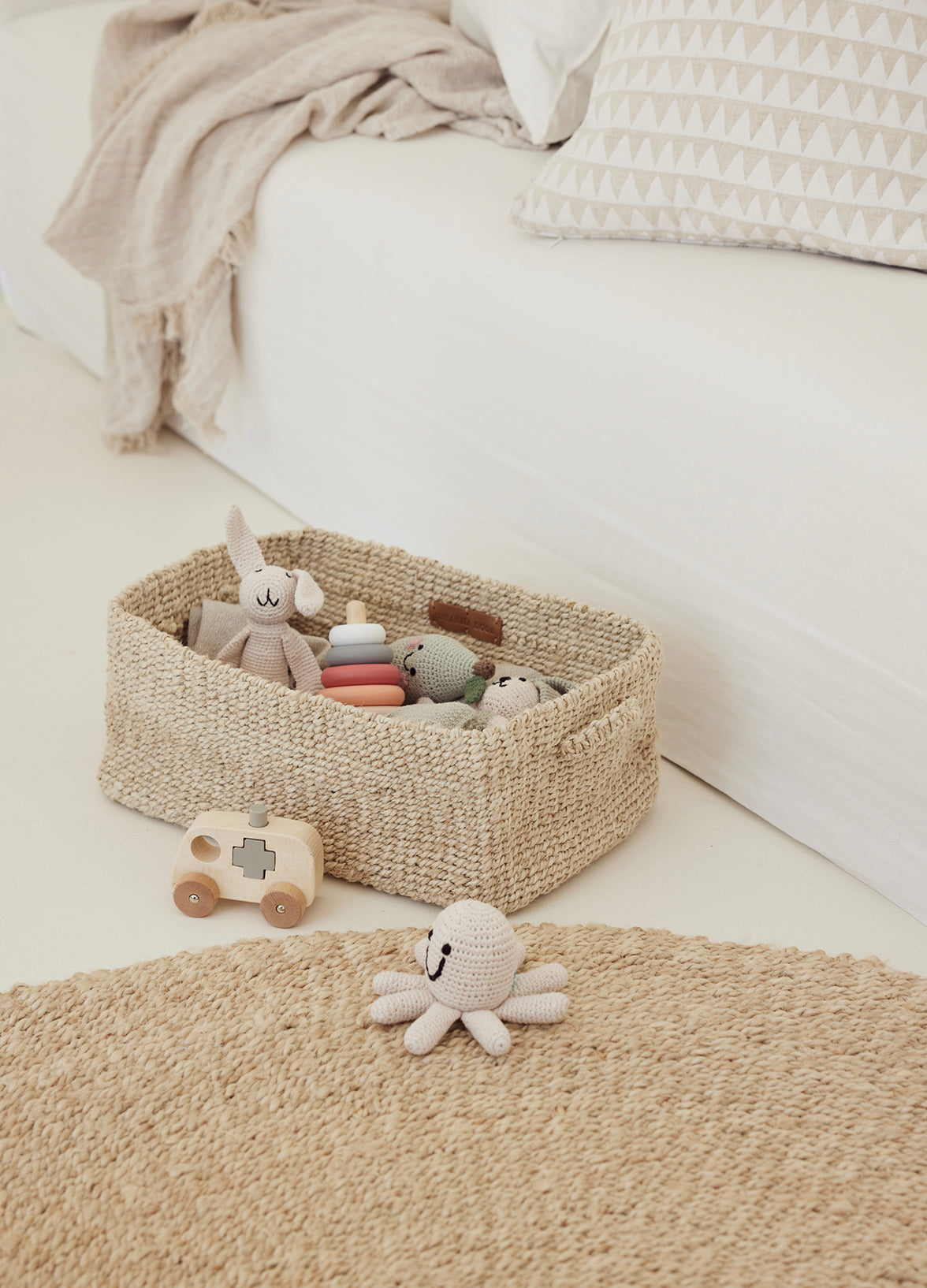 Childrens room storage - storing toys in natural jute baskets